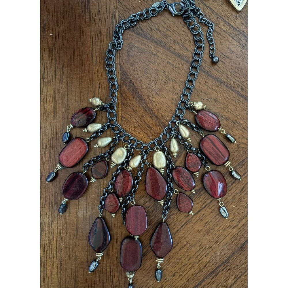 Chicos Statement Necklace With Red & Gold Beads On Gunmetal Chain